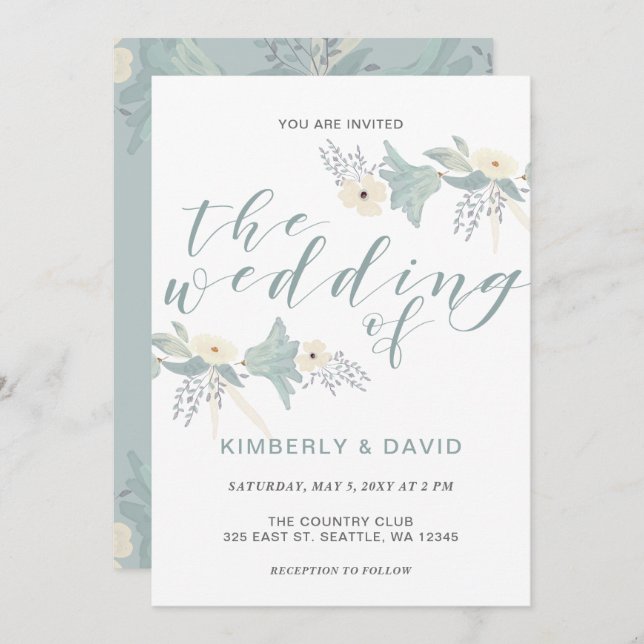 Invitation Dusty Blue Floral Mariage (Devant / Derrière)