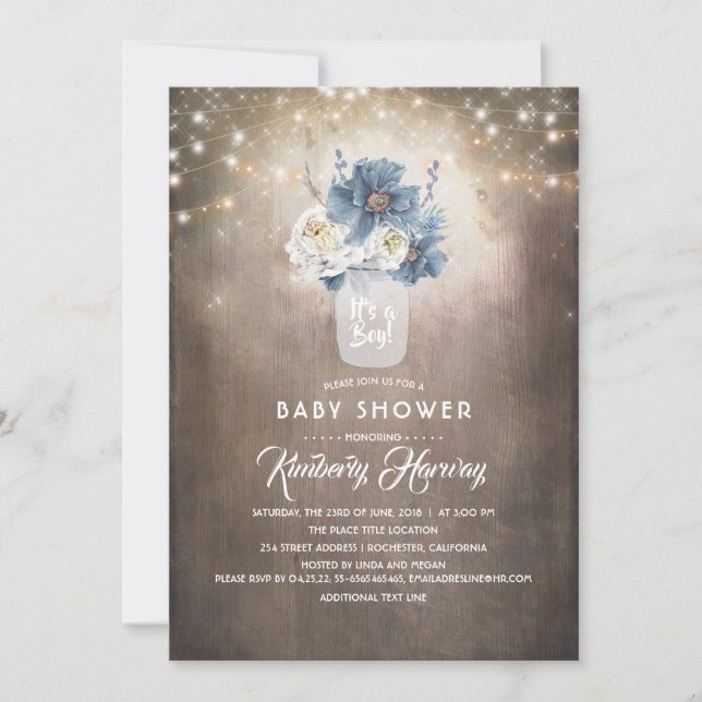 Invitation Dusty Blue Floral Mason Jar Baby shower rustique (Devant)