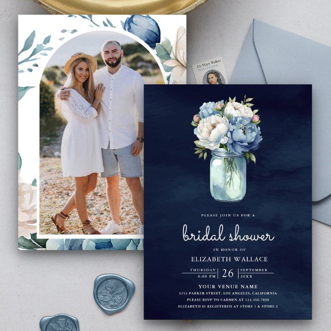 Invitation Dusty Blue Floral Mason Jar Navy Fête des mariées (Créateur téléchargé)