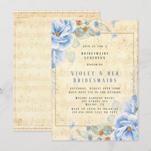 Invitation Dusty Blue Floral Musical Bridesmaids Déjeuner (Devant / Derrière)