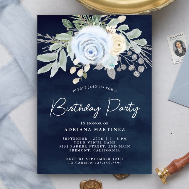 Invitation Dusty Blue Floral Navy Blue Anniversaire Party (Créateur téléchargé)