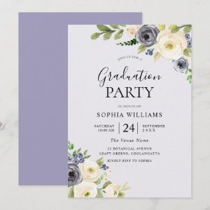 Invitation Dusty Blue Floral Navy Graduation Party