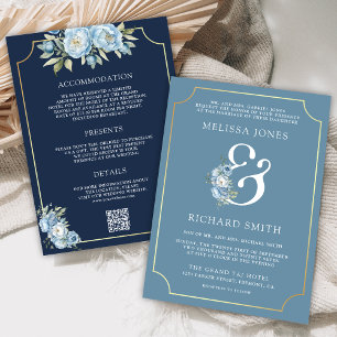 Invitation Dusty Blue Floral Navy QR Code tout en un Mariage