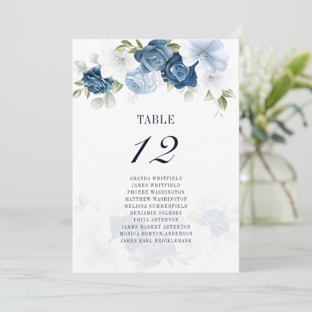 Invitation Dusty Blue Floral Numéro 12 Mariage Tableau de siè (Debout devant)