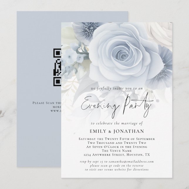 Invitation Dusty Blue Floral Overlay QR Mariage soirée (Devant / Derrière)