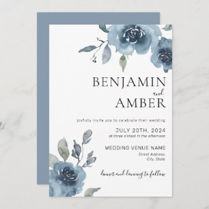 Invitation Dusty Blue Floral Pastel Boho Mariage minimaliste