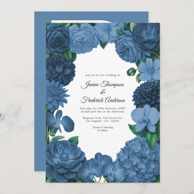Invitation Dusty Blue Floral Photo and QR Code Wedding (Devant / Derrière)