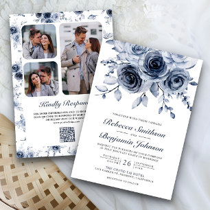 Invitation Dusty Blue Floral Photo Collage QR Code Mariage