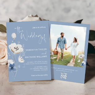 Invitation Dusty Blue Floral QR Code RSVP Mariage photo