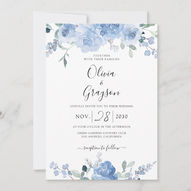 Invitation Dusty Blue Floral QR Code RSVP tout en un Mariage (Devant)