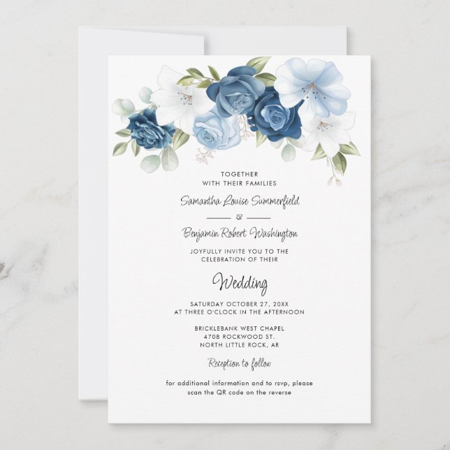 Invitation Dusty Blue Floral QR Code tout en un Mariage (Devant)
