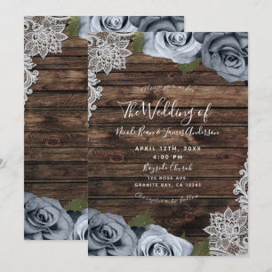 Invitation Dusty Blue Floral Rose Rustique Bois et Mariage de