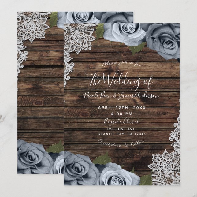 Invitation Dusty Blue Floral Rose Rustique Bois et Mariage de (Devant / Derrière)