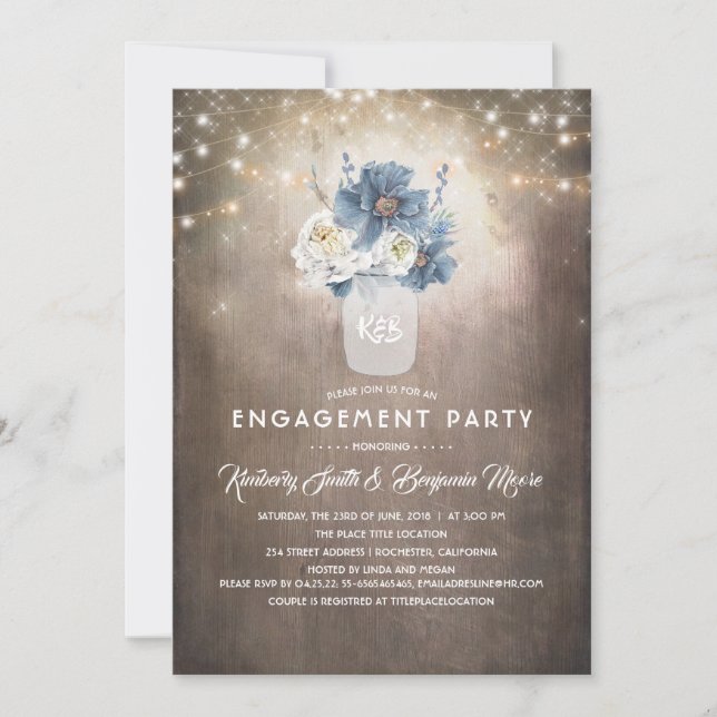 Invitation Dusty Blue Floral Rustic Country Engagement Party (Devant)