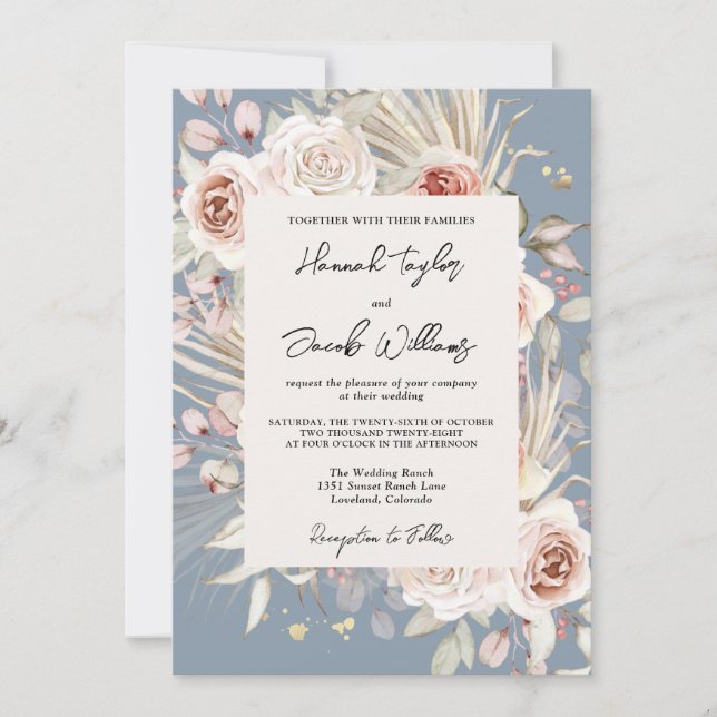 Invitation Dusty Blue Floral Rustic Mariage (Devant)