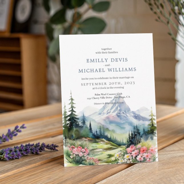 Invitation Dusty Blue Floral Spring Mountains Mariage (Créateur téléchargé)