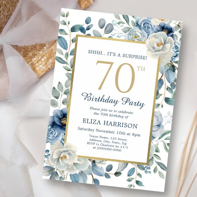 Invitation Dusty Blue Floral Surprise 70e anniversaire (Créateur téléchargé)