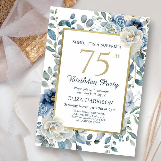 Invitation Dusty Blue Floral Surprise 75e anniversaire (Créateur téléchargé)
