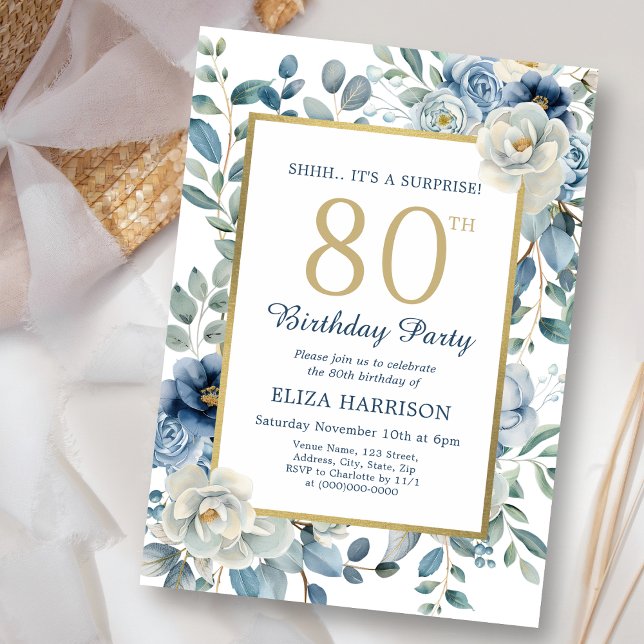 Invitation Dusty Blue Floral Surprise 80e anniversaire (Créateur téléchargé)