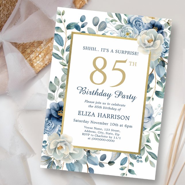 Invitation Dusty Blue Floral Surprise 85e anniversaire (Créateur téléchargé)