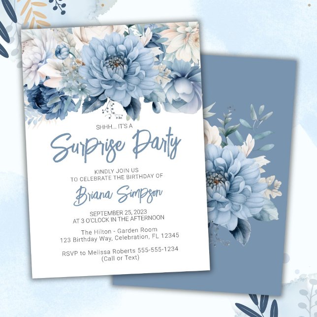 Invitation Dusty Blue Floral Surprise fête d'anniversaire (Créateur téléchargé)