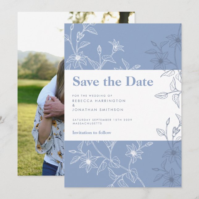 Invitation Dusty Blue Floral Wedding Enregistrer La Date Cart (Devant / Derrière)