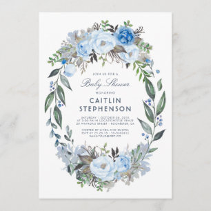 Invitation Dusty Blue Floral Wreath Élégant Baby shower