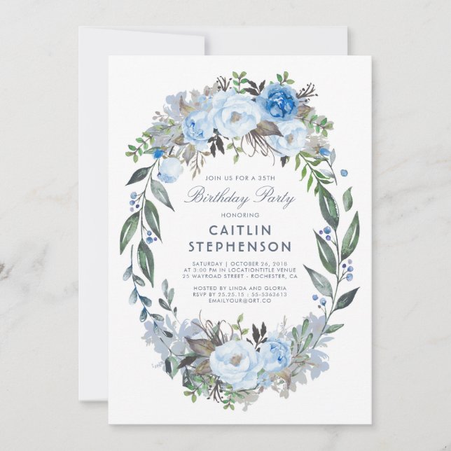 Invitation Dusty Blue Floral Wreath Élégante fête d'anniversa (Devant)