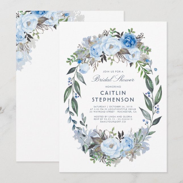Invitation Dusty Blue Floral Wreath Élégante Fête des mariées (Devant / Derrière)