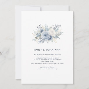 Invitation Dusty Blue Florals Navy Texte QR Code Mariage