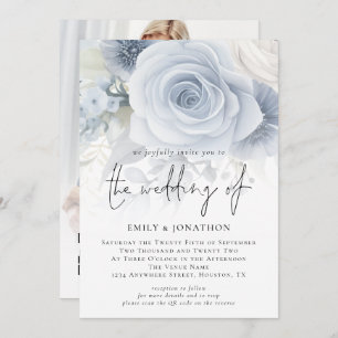 Invitation Dusty Blue Florals superposer photo QR Code Mariag