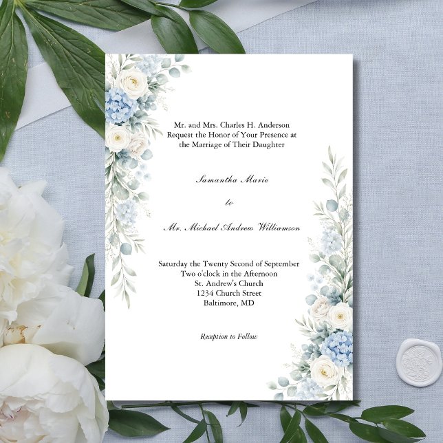 Invitation Dusty Blue Florals Traditional Church Wedding (Dusty Blue Cream Florals Watercolor Flowers Traditional Classic Church Wedding Invitation)