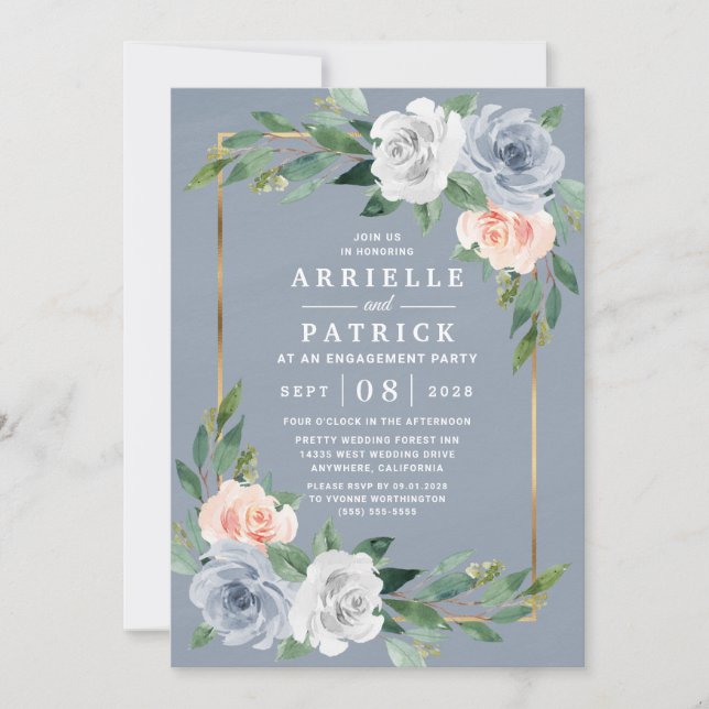 Invitation Dusty Blue Gold Blush Peach Party (Devant)