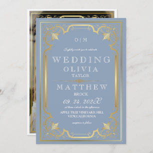 Invitation Dusty Blue Gold Elegant Ornate Romantique Mariage