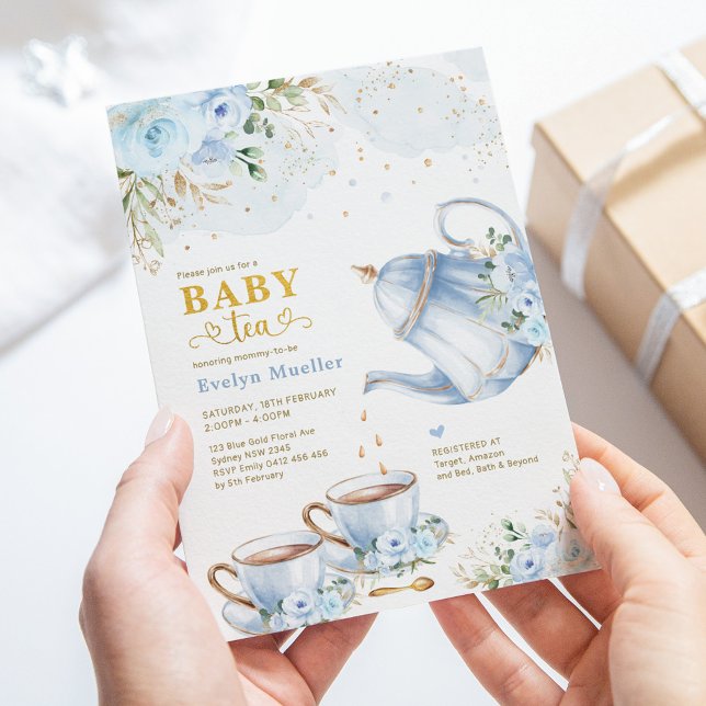 Invitation Dusty Blue Gold Floral Boy Baby shower Tea Party (Créateur téléchargé)