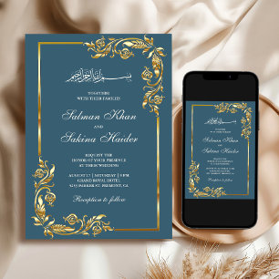 Invitation Dusty Blue Gold Floral frontière Mariage islamique