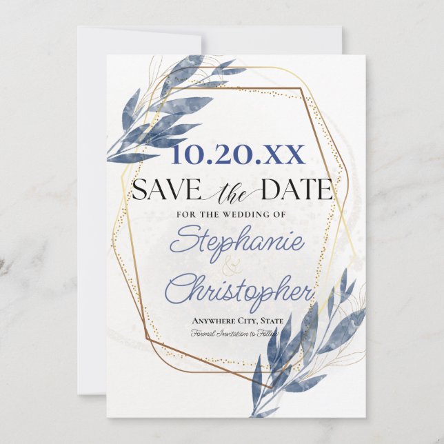 Invitation Dusty Blue Gold Frame Eucalyptus Enregistrer la da (Devant)