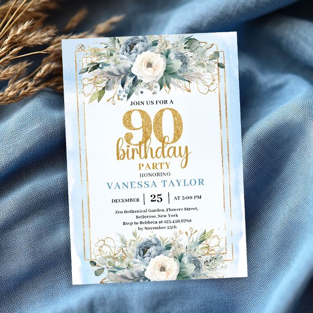 Invitation Dusty Blue Gold Frame Modern 90th Birthday Invite (Dusty Blue Gold Frame Modern 90th Birthday Invite)