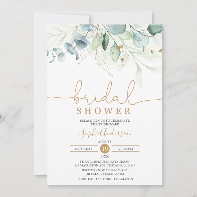 Invitation Dusty Blue Gold Greenery Eucalyptus Fête des marié (Devant)