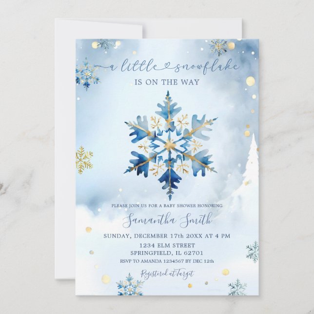 Invitation Dusty Blue Gold Hiver Snowflake Baby shower (Devant)
