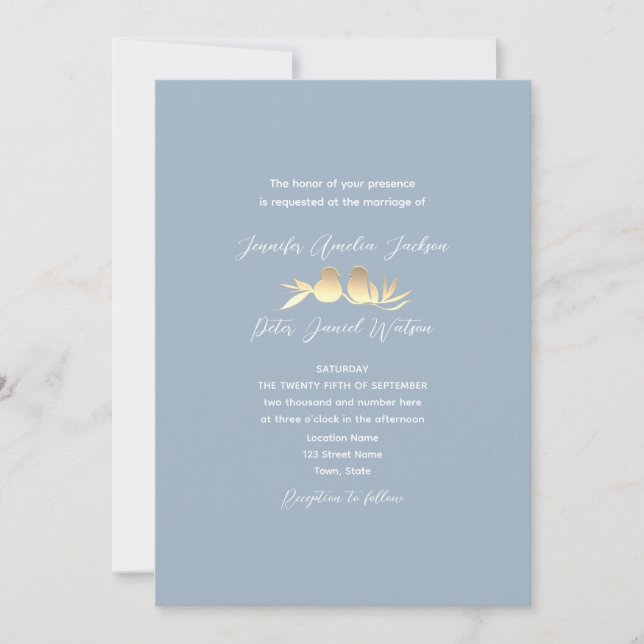 Invitation Dusty Blue Gold Lovebirds Wedding (Devant)