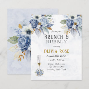 Invitation Dusty Blue Gold Peony Chic Brunch & Bubbly Invitat