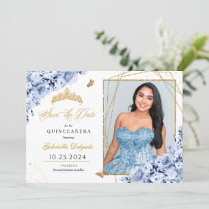 Invitation Dusty Blue & Gold Quinceañera Enregistrer La Date 