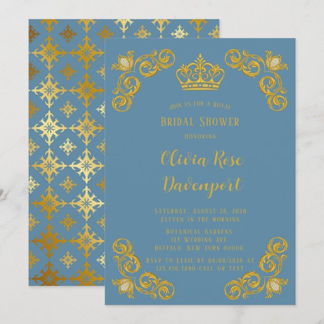 Invitation Dusty Blue & Gold Royal Crown Damask Fête des mari (Devant / Derrière)