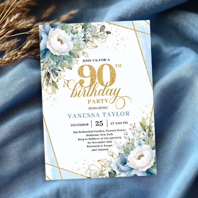 Invitation Dusty blue gold script frame modern 90th birthday  (Dusty blue gold script frame modern 90th birthday invite)