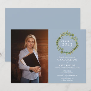 Invitation Dusty Blue Green Garland Photo Graduation Party