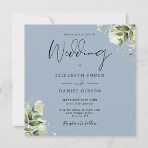 Invitation Dusty Blue Greenery Feuilles Monogramme Carré Mari