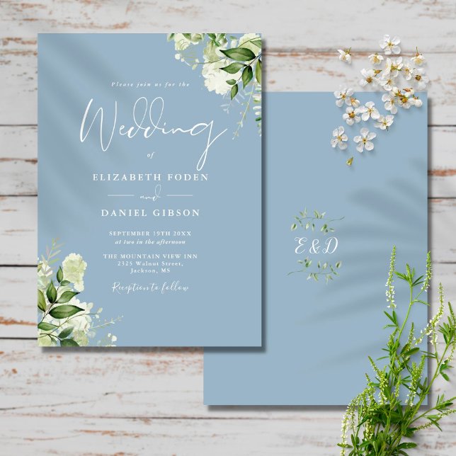 Invitation Dusty Blue Greenery Feuilles Monogramme Mariage (Créateur téléchargé)