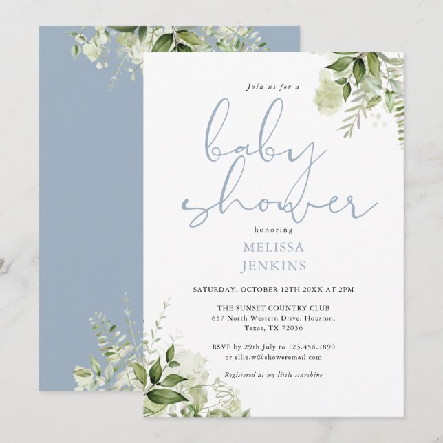 Invitation Dusty Blue Greenery Floral Boy Baby shower (Devant / Derrière)