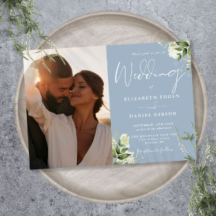 Invitation Dusty Blue Greenery Floral Photo Mariage